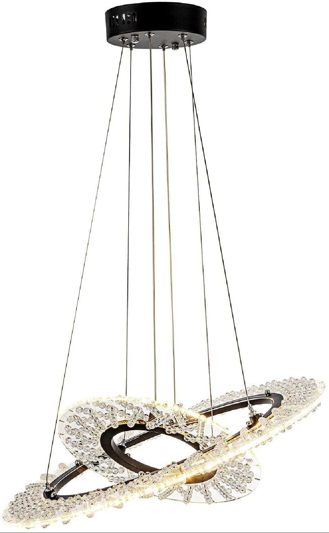 Modern Crystal Chandelier LED 2 Rings Pendant Lighting Adjustable Stainless Steel for Living Room Dining Room Chrome 