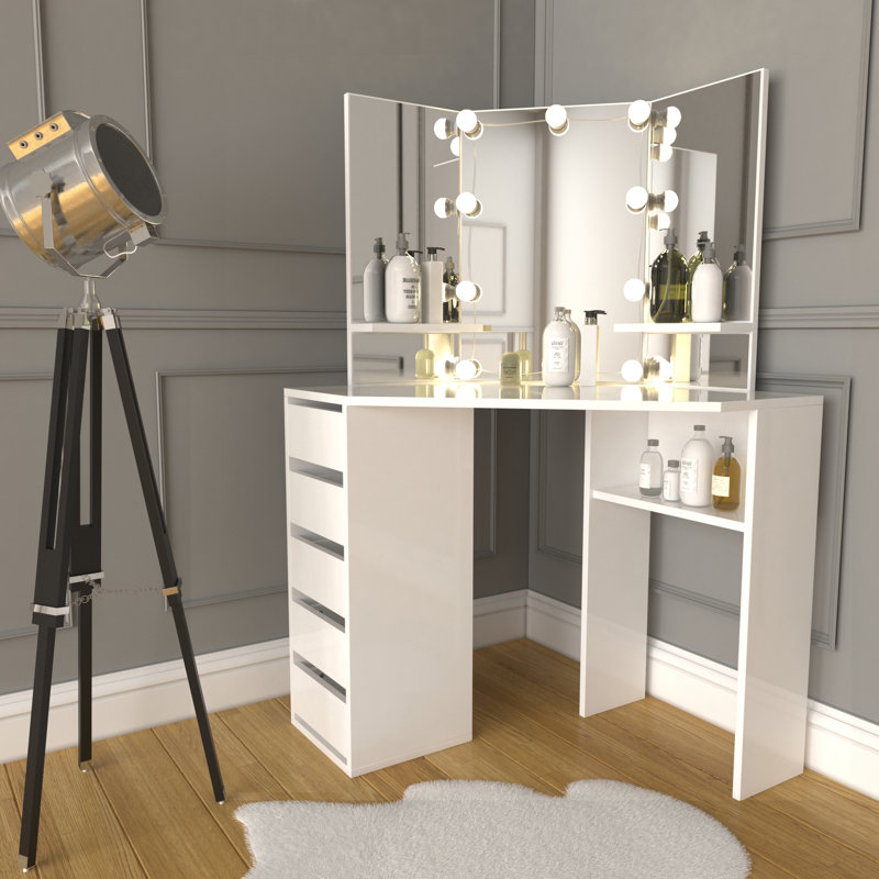 Latitude Run® Sophia Corner Makeup Vanity Desk With 3 Lighted Mirrors 