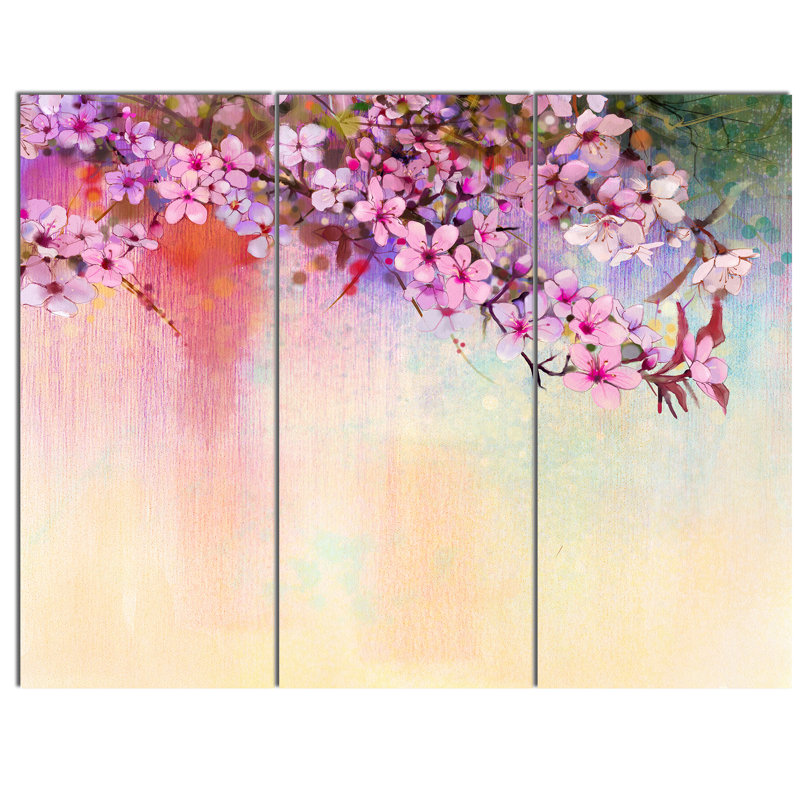 Designart Watercolor Painting Cherry Blossoms 3 Piece Painting Print On Metal Set Wayfair