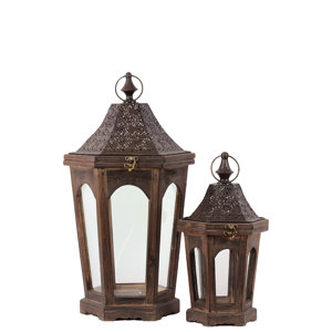 2 Piece Classic Lamp Post Design Wooden Lantern Set