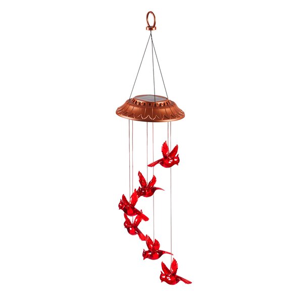 LED Red Cardinal Bird Wind Chime Color-Changing Light Yard Decor Solar Powered