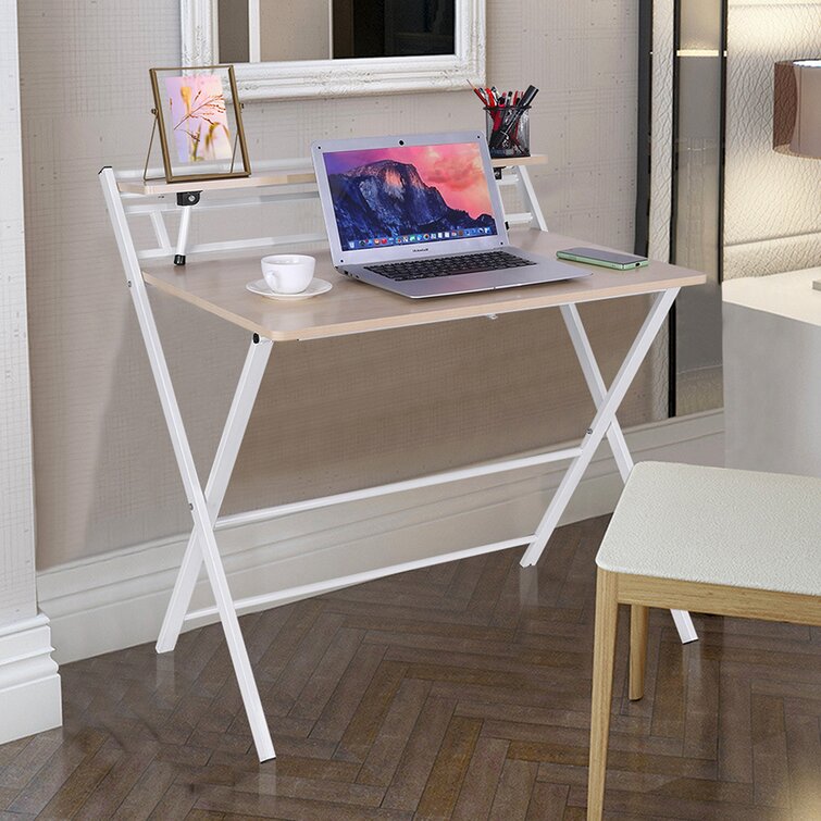 2-Tier Wooden Portable Folding Computer Desk Home Office Workstation Save Space