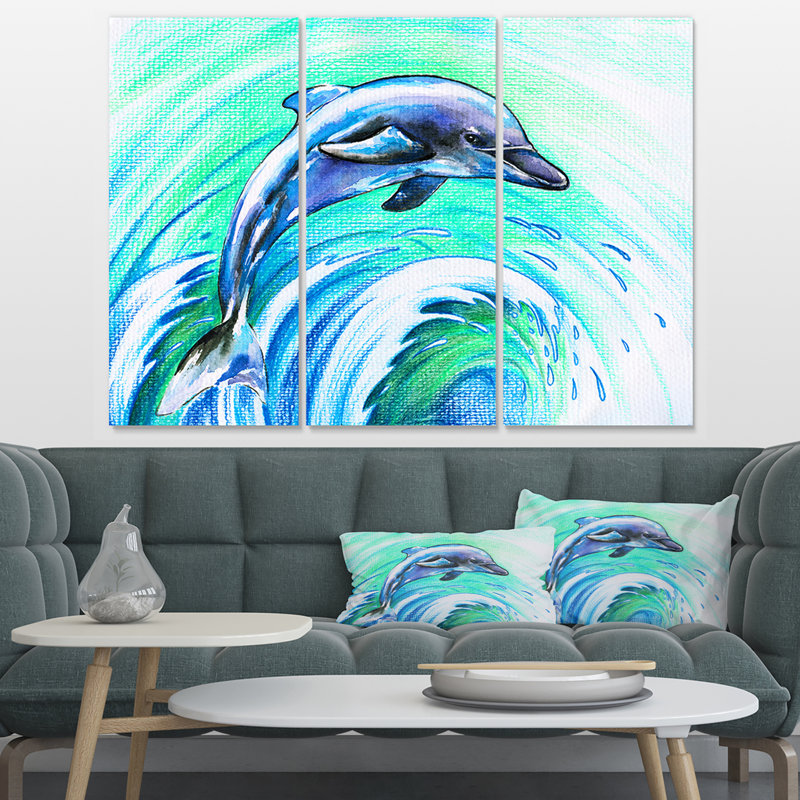 Designart Jumping Dolphin Watercolor 3 Piece Painting Print On