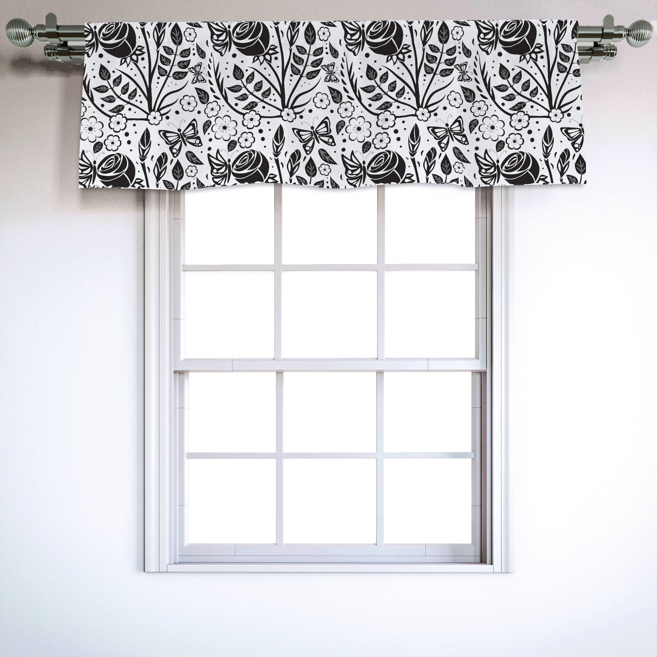 East Urban Home Floral Sateen Ruffled 54'' Window Valance in Charcoal ...