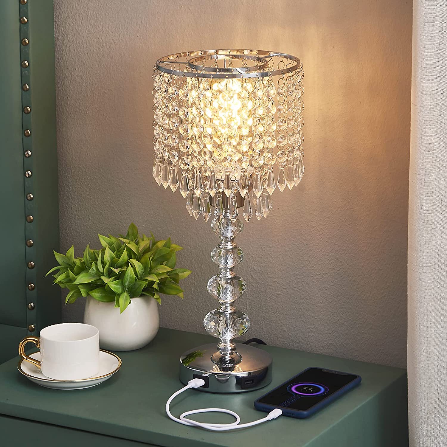 Nightstand Decorative Room Table Lamp Kakanuo Modern Bedside Table Lamp Sliver Lamp Shade Night Light Fixture for Living Room/Bedroom/Kitchen/Dining Room Crystal Table Desk Lamp 