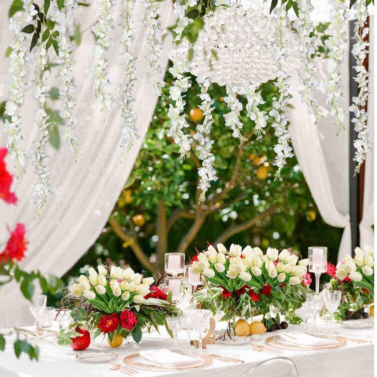 ONLY ART 6Pcs White Wisteria Hanging Flower Artificial Silk Fake Wisteria Vine Ratta for Spring Wedding Party Anniversary Special Events Home Decorations