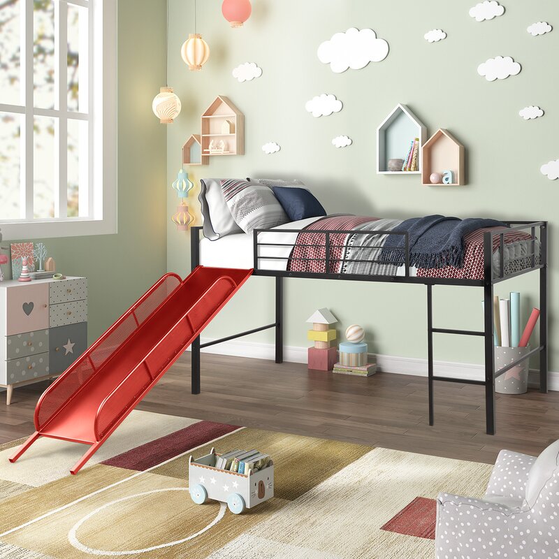 white metal loft bed with slide