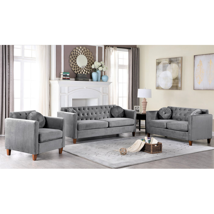 Persaud Velvet Classic Chesterfield 3 Piece Living Room Set