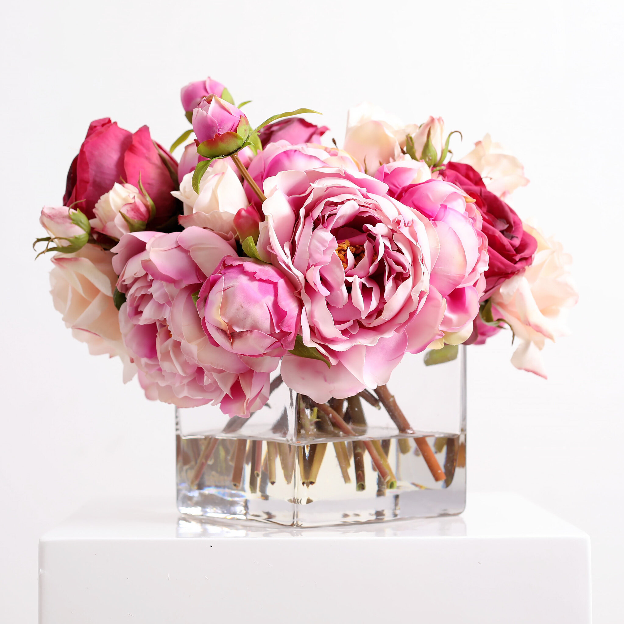Darbycreektrading Pink Peony Blush Rose Everyday Floral Arrangement Centerpiece In Glass Vase Wayfair