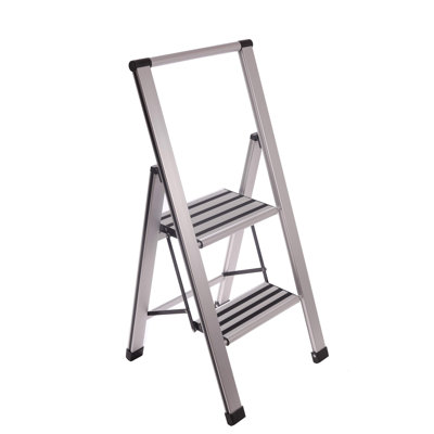 Sorfey Premium 2 Step Modern Aluminum Ladder. Lightweight,-Ultra Slim Profile, Anti Slip Steps, Sturdy-Portable For Home, Office, Kitchen, Photography Use, Aluminum Finish