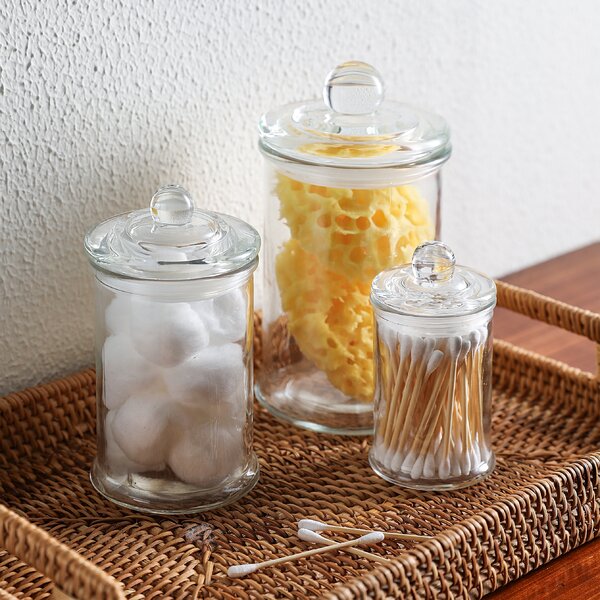 3Pcs Round Clear Apothecary Clear Glass Jar for Cotton Balls  Makeup Sponges 