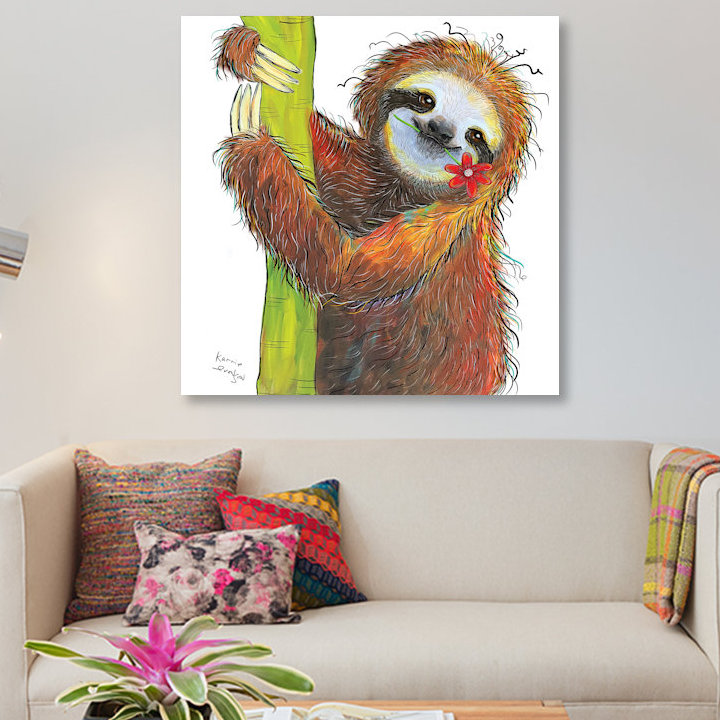 East Urban Home Sloth With Red Flower Graphic Art On Canvas
