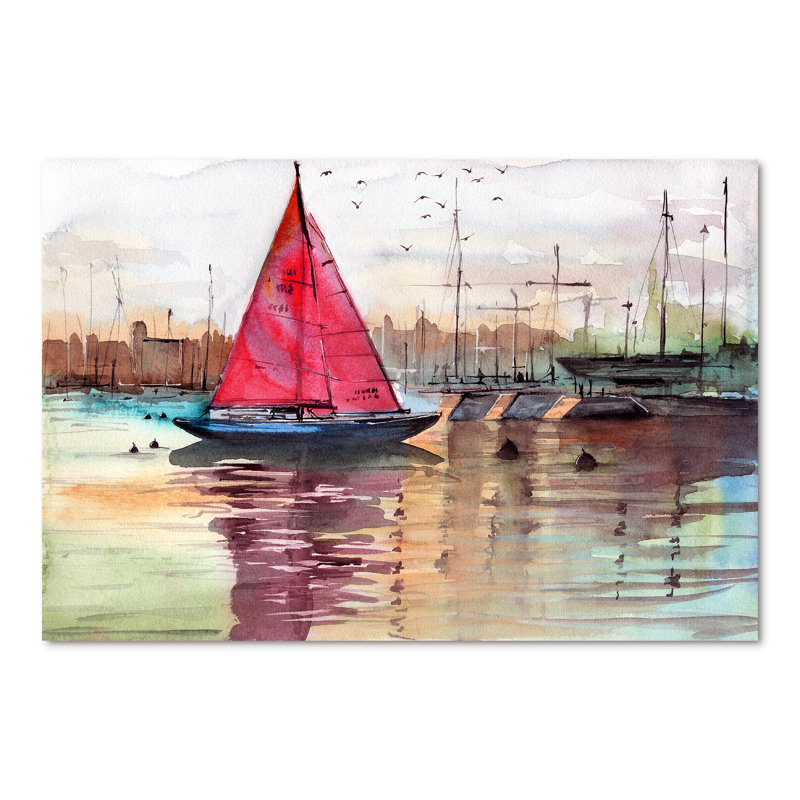A Sailboat in a Marina with Yachts and Buildings - Print on Canvas Format: Wrapped Canvas, Size: 16" H x 32" W