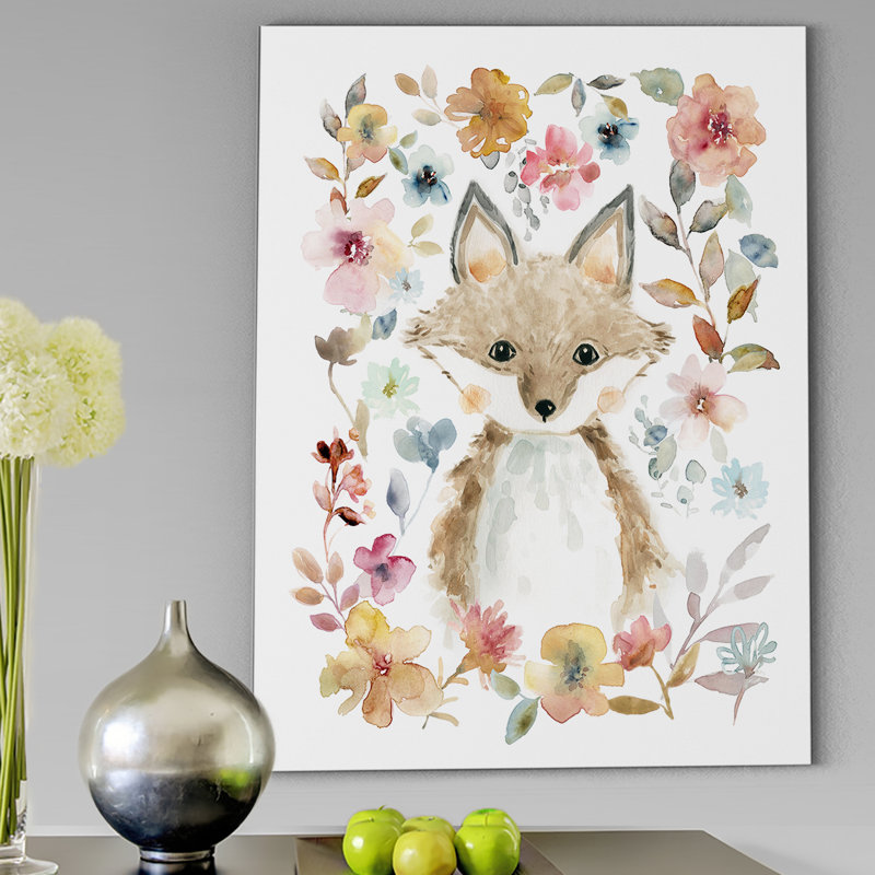 Harriet Bee Flowers And Friends Fox Watercolor Painting Print On Wrapped Canvas Wayfair