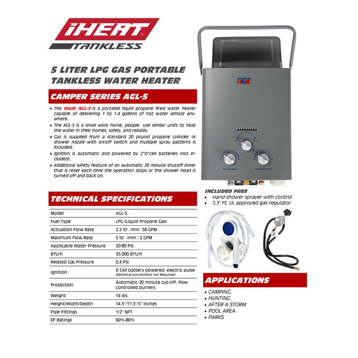Water Heater Tankless 5 Liter 1 Point 5 Gpm Portable Lp Gas Outdoor Portable