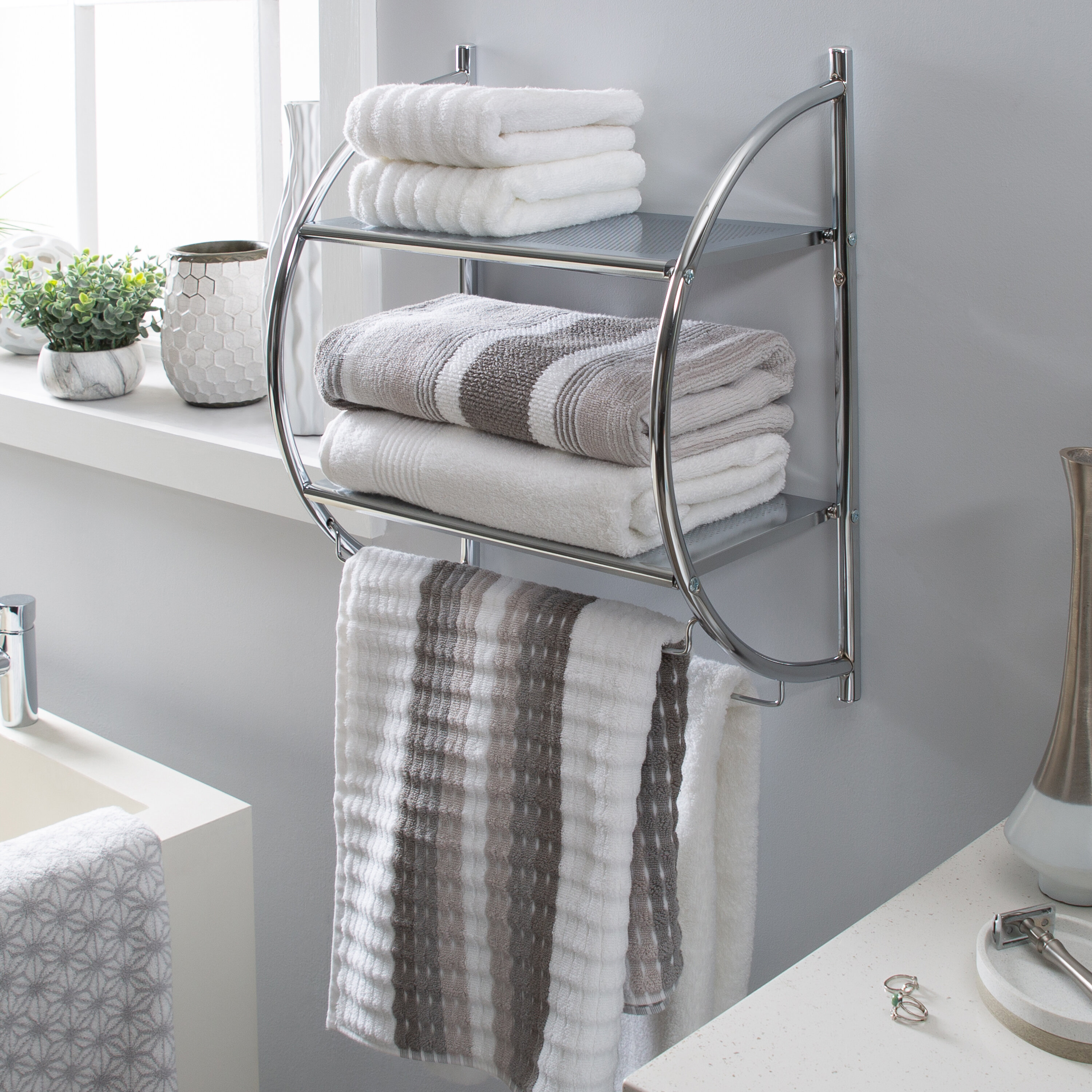 Guest Bathroom Chrome mDesign Wall Mount Towel Storage Rack for Bathroom Pack of 2 