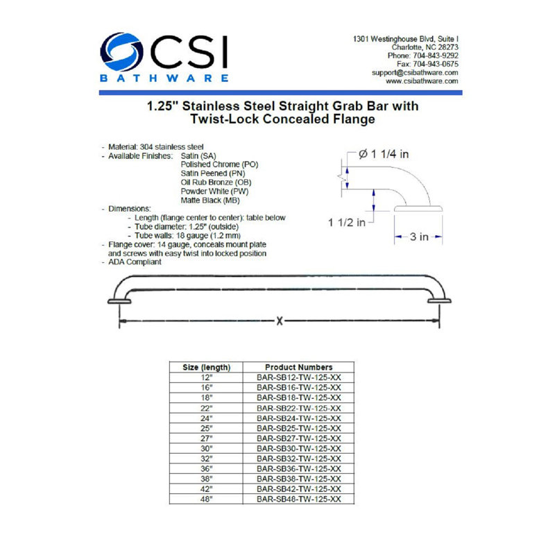 Straight Safety Bar CSI Bathware BAR-SB12-TW-125-PN Stainless Steel 12-Inch Grab Bar Peened Grip Finish Concealed Flanges