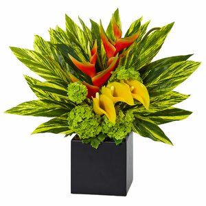 Silk Heliconia and Calla Lilies Vibrant Floral Arrangement in Planter