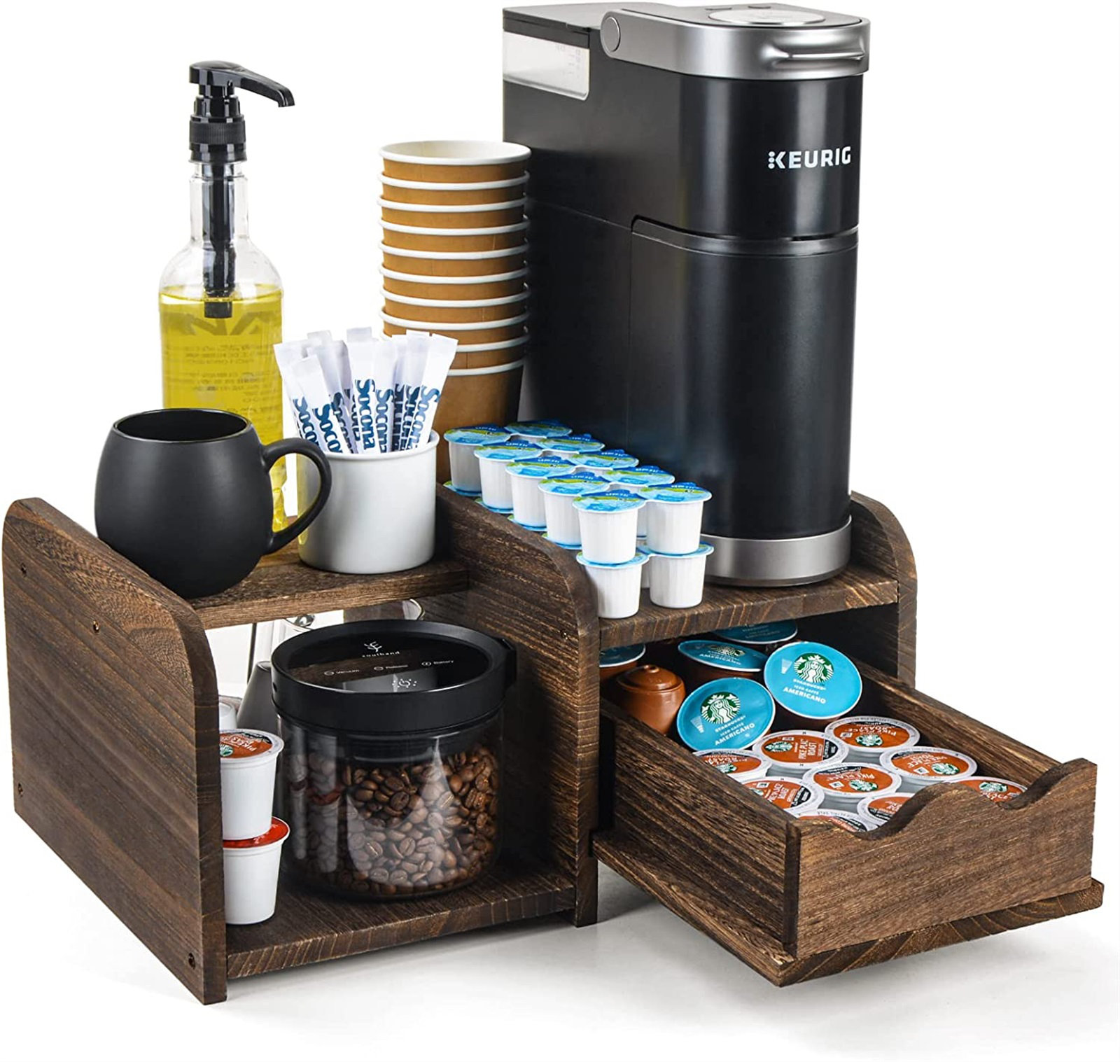 Ron Trading Oulhand Coffee Station Organizer With Drawer, Wooden Coffee