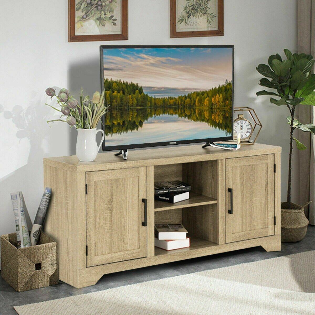 TV Credenza 60" Entertainment Stand Credenza Oak Modern Rustic Sideboard Buffet 