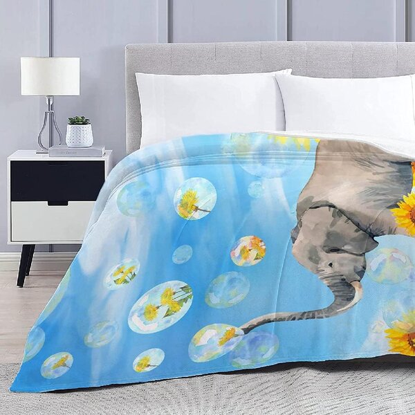 Flannel Fleece Blanket Full Size Funny Cartoon Elephants Flowers Blanket,All-Season Plush Blanket for Couch Bed Travelling Camping Or Kids Adults 80X60 