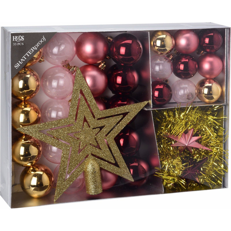 Set Of 33 Pink Luxury Baubles With A tree Topper Christmas Tree Decorations