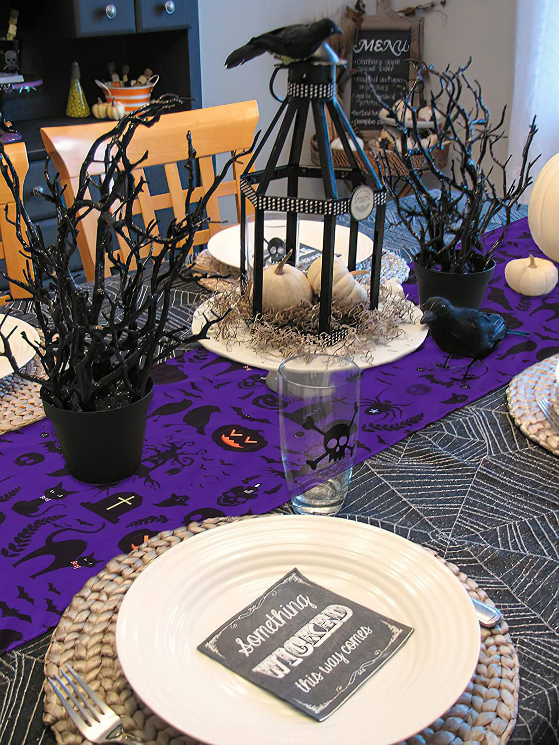 Oarencol Halloween Table Runner Spooky Cats Pumpkin 13x90 inch Table Cover for Kitchen Party Holiday Dining Home Everyday 