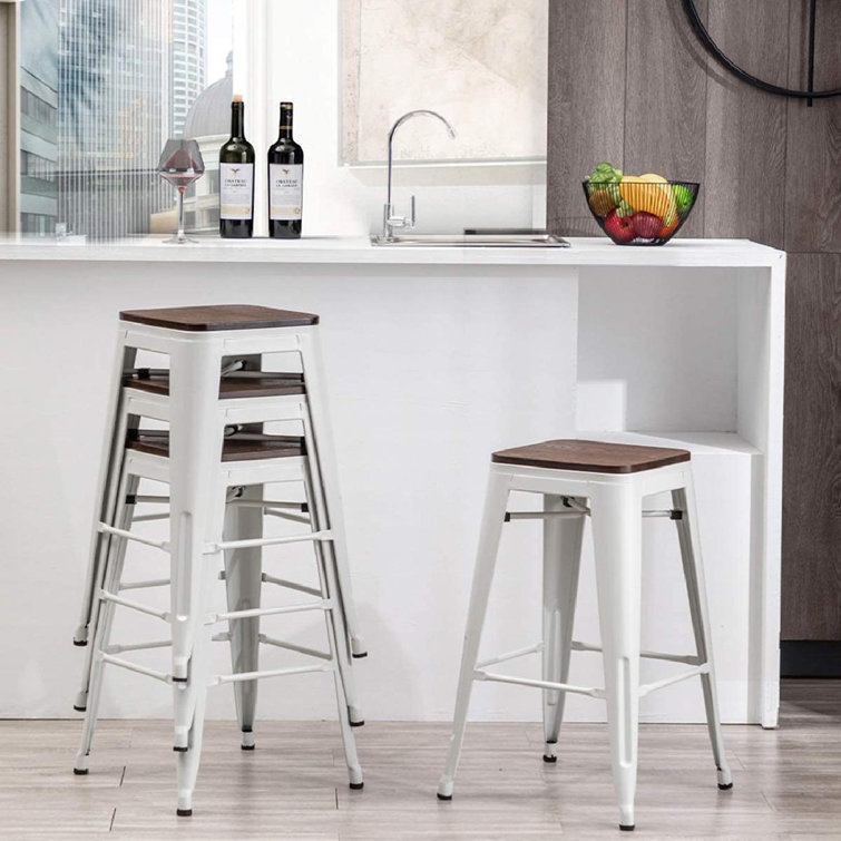 Williston Forge Metal Bar Stools Set Of 4 Industrial Backless Counter Height Barstools Kitchen Patio Stool Stackable With Wooden Seat Wayfair