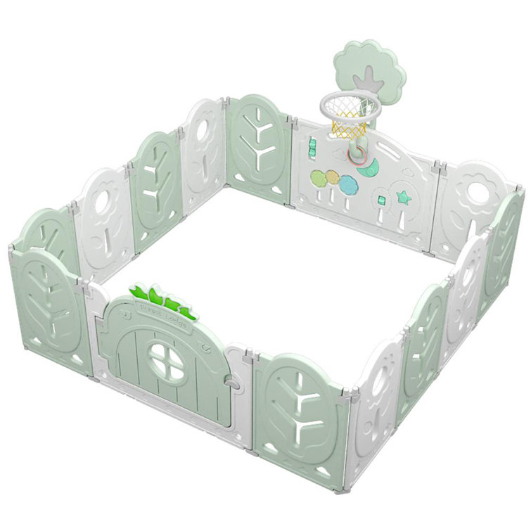 Amazingforless 14 Panel Foldable Baby Playpen Activity Center Play Yard W Lock Door And Basketball Hoop Green Reviews Wayfair