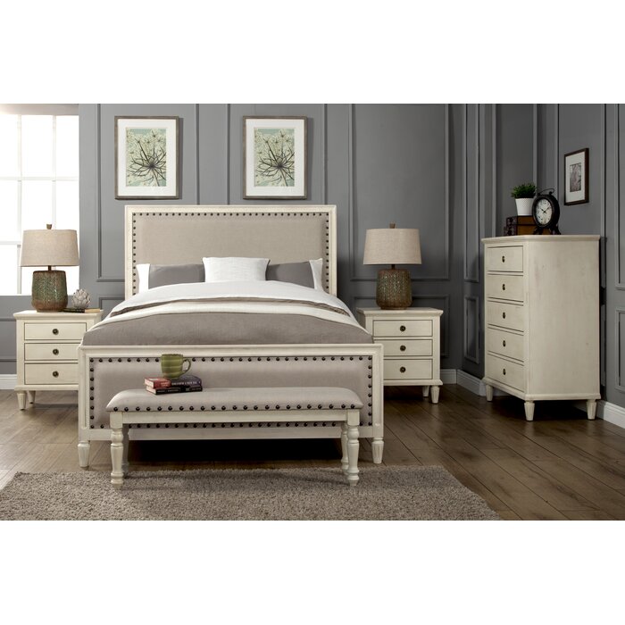 Cambridge 5 Piece King Bedroom Set With Solid Wood And Upholstered Trim In Oak Grey