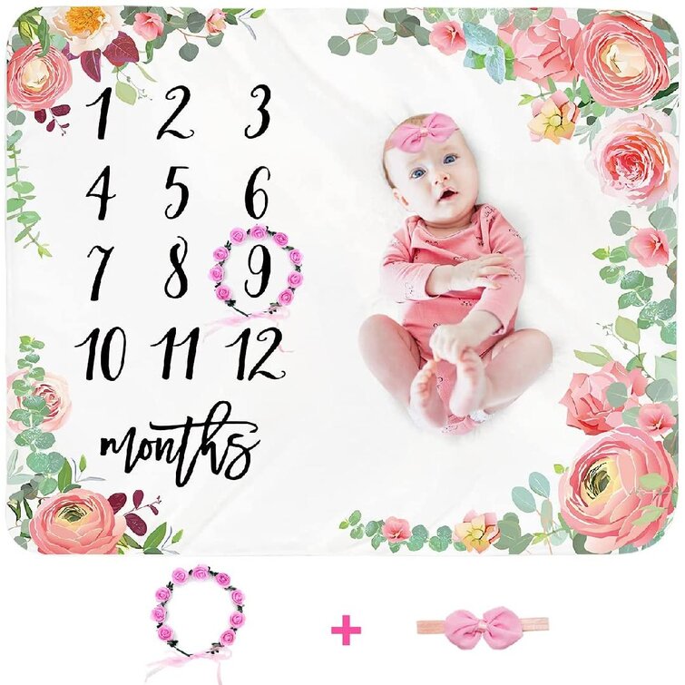 Baby Monthly Milestone Blanket Baby Girl Includes Floral Wreath & Headband Best Photography Backdrop Photo Prop for Newborn 1 to 12 Months Extra Soft Fleece 