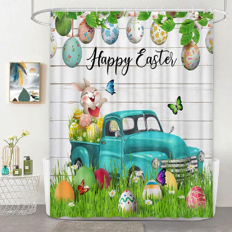 Colorful Easter Eggs Cartoon Cute Rabbit Shower Curtain Set Bathroom Decor 72" 