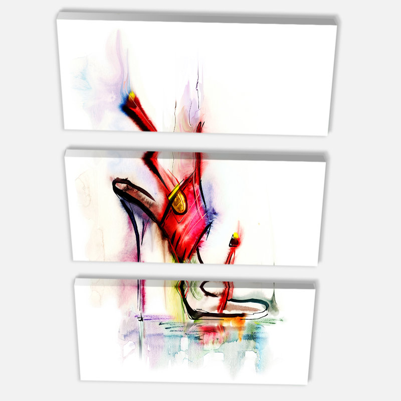 Designart Red High Heel Shoe 3 Piece Painting Print On Wrapped