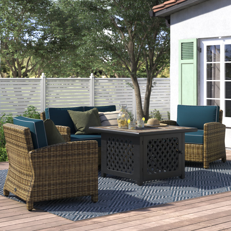Lawson 4 Piece Outdoor Wicker Seating Set With Navy Cushions Loveseat Two Arm Chairs Fire Table Reviews Birch Lane