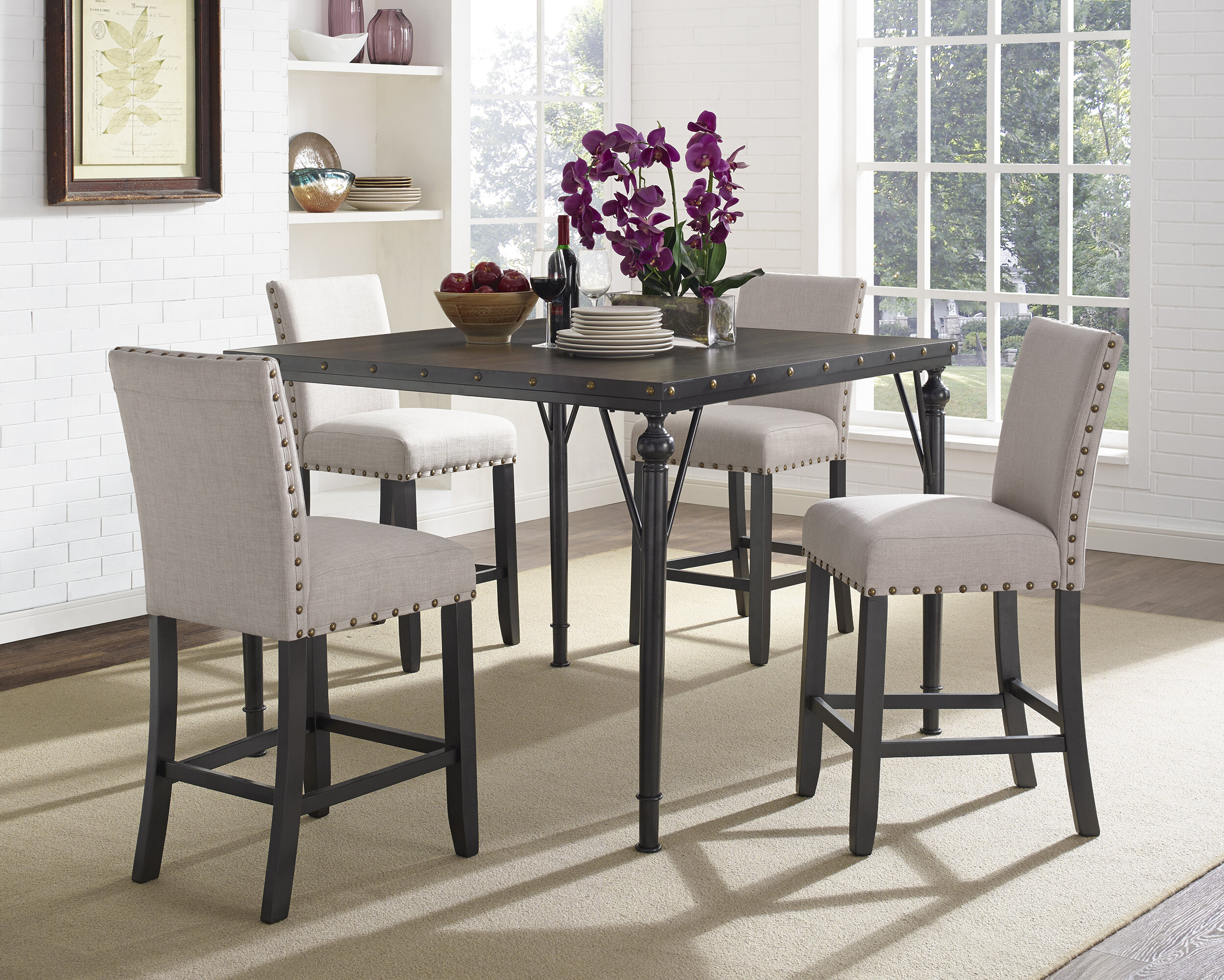 Haysi Wood Counter Height 5 Piece Dining Set With Fabric Nailhead Chairs