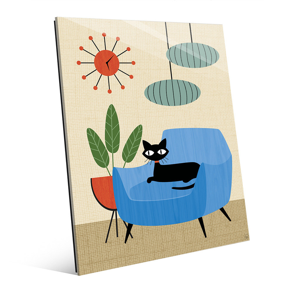 Click Wall Art Retro Cat In Chair And Clock Graphic Art
