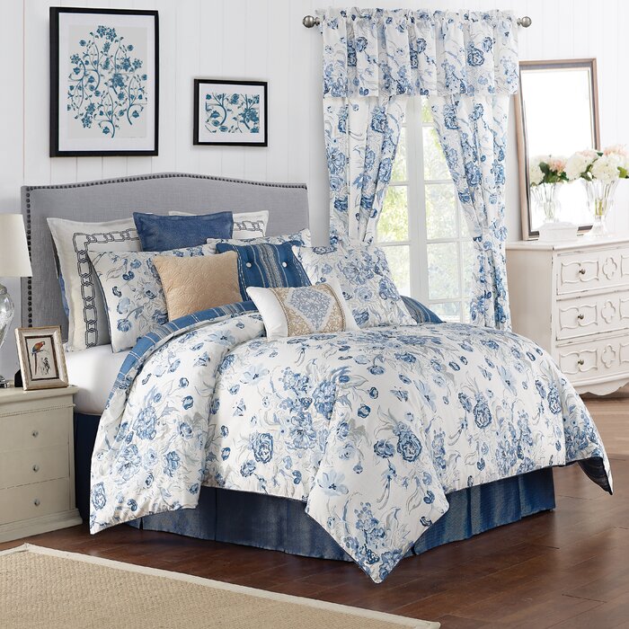 4 Pc Rose Tree Ardenelle Reversible King Comforter Set Blue Floral