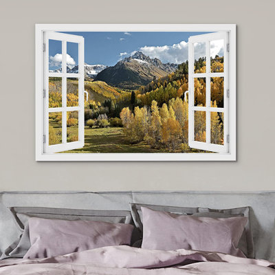 Autumn Fall  Canvas Print Wall Art Window View Autumn Fall Forest Mountain Nature Wilderness Photography Realism Rustic Landscape Colorful Multicolor Scenic For Living Room, Bedroom, Office