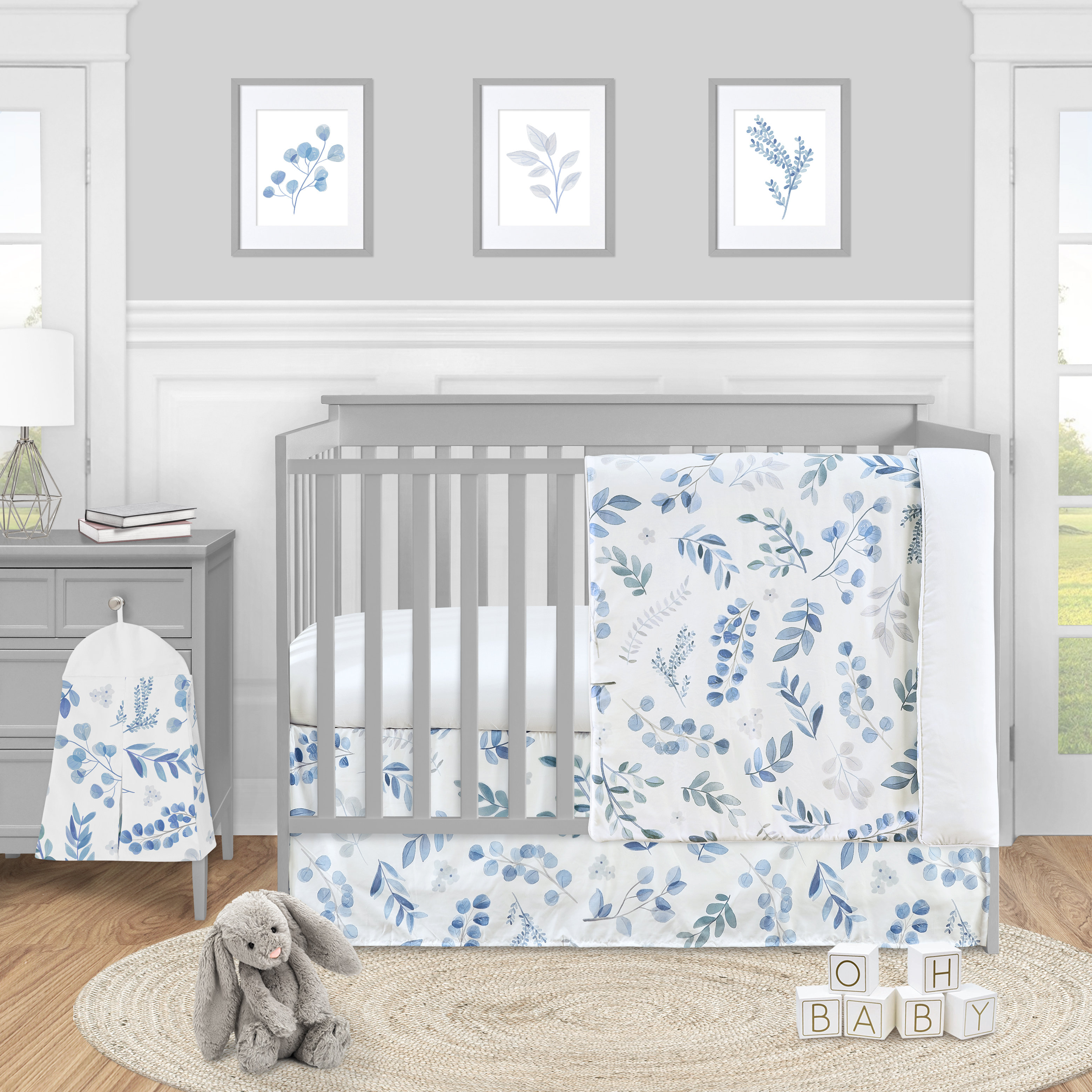 Sweet Jojo Designs Floral Leaf Baby Boy or Girl Nursery Crib Bedding Set - 4 Pieces - Blue Grey and White Boho Watercolor Botanical Flower Woodland