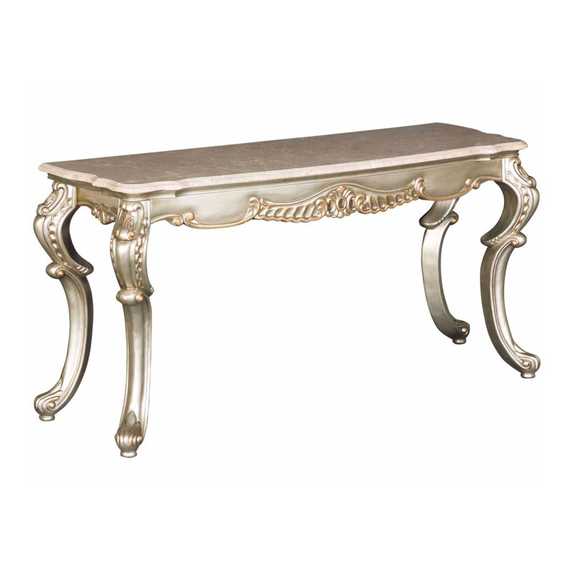 Rosdorf Park Wooden Console Table With Engravings And Marble Top