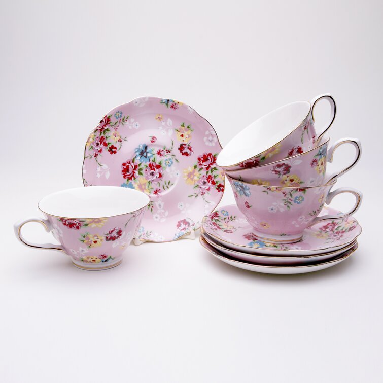 Tea Cup and Saucer Set Shabby Rose Pink Porcelain 