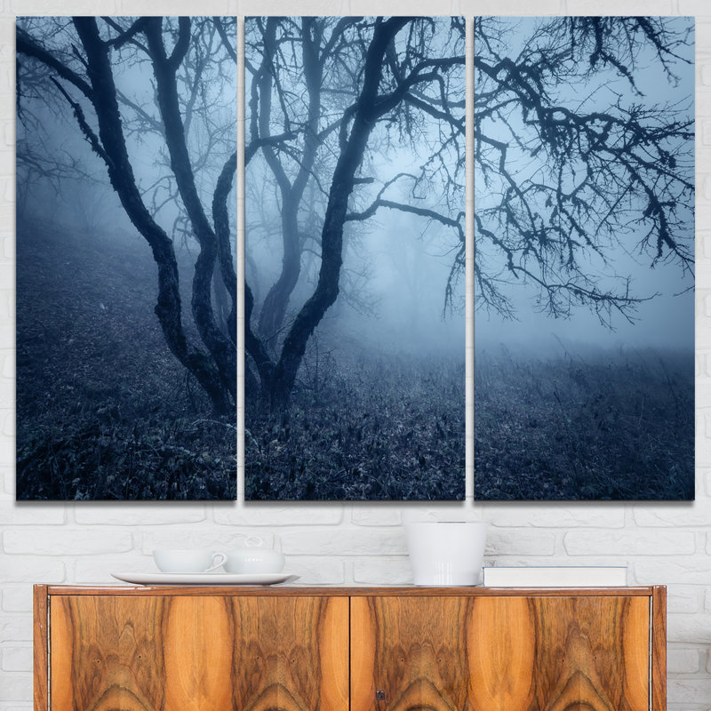 Designart Tree In Foggy Dark Forest 3 Piece Graphic Art On