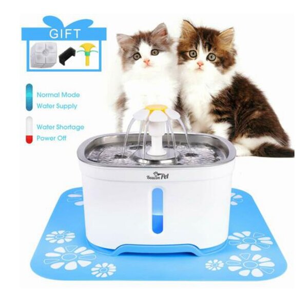 Cat Water Fountain Stainless Steel 2 Cleaning Brushes and Waterproof Silicone Mat Automatic Cat Water Dispenser 84oz/2.5L Pet Water Fountain for Cats and Dogs with Includes 3 Replacement Filters 