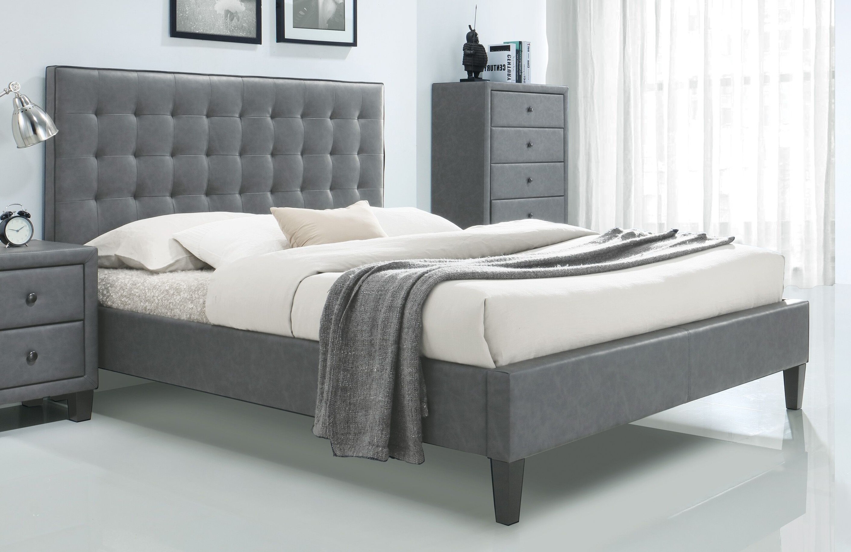 Buttonless Tufted Queen Bed In 2 Tone Grey Pu