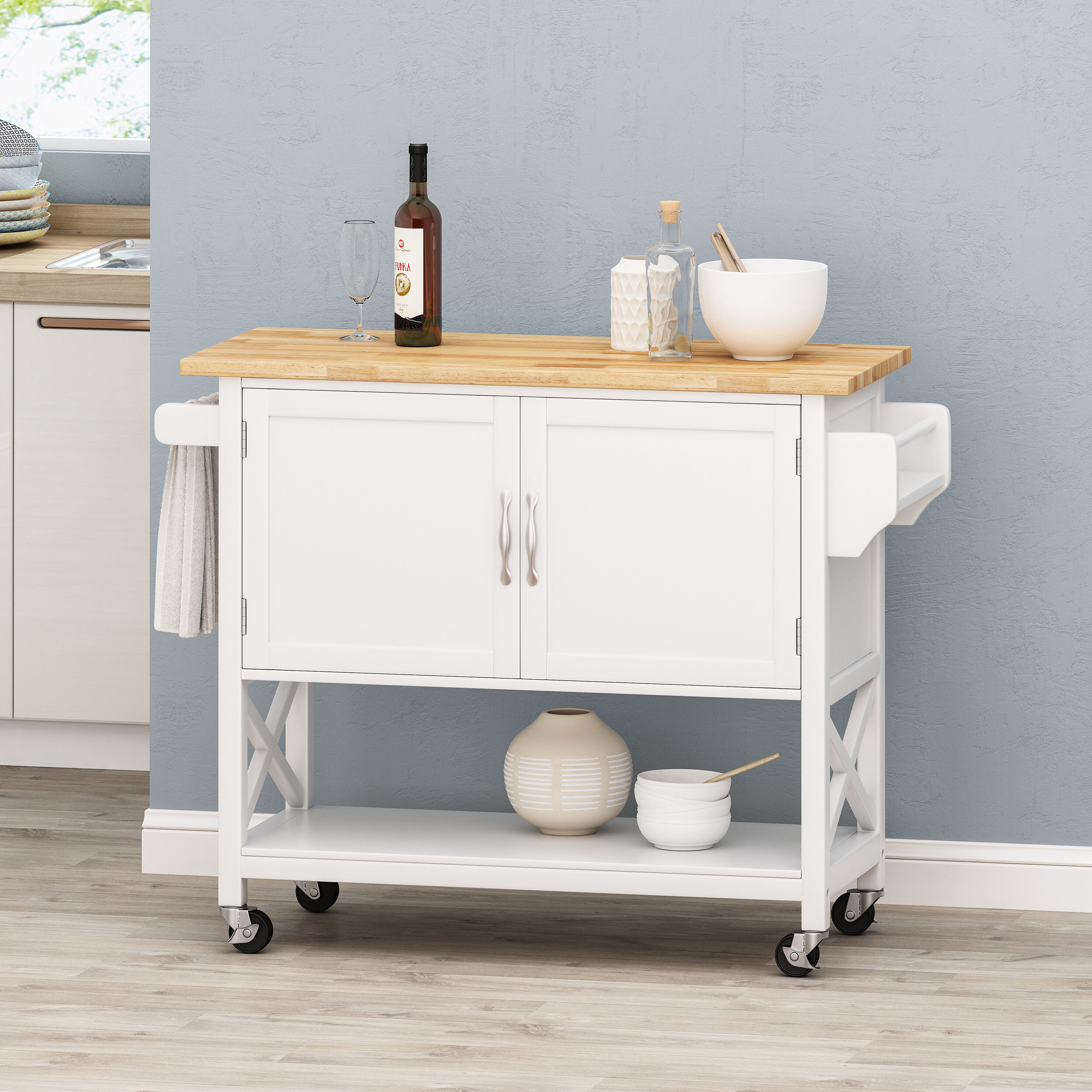 Ebern Designs Jaymee 45.5'' Wide Rolling Kitchen Cart with Solid Wood ...