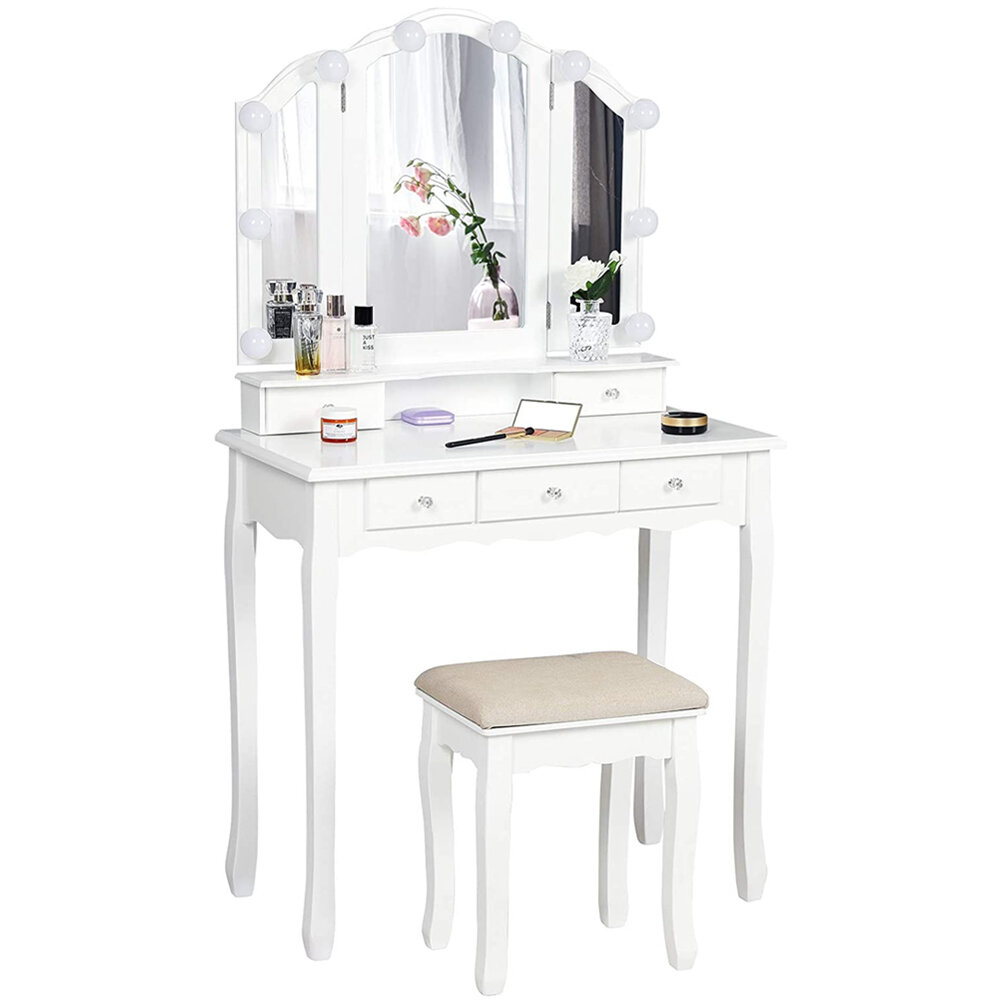 Tri-Folding Mirror Vanity Set 5 Drawers Dressing Table Makeup Desk&Stool 2 Color