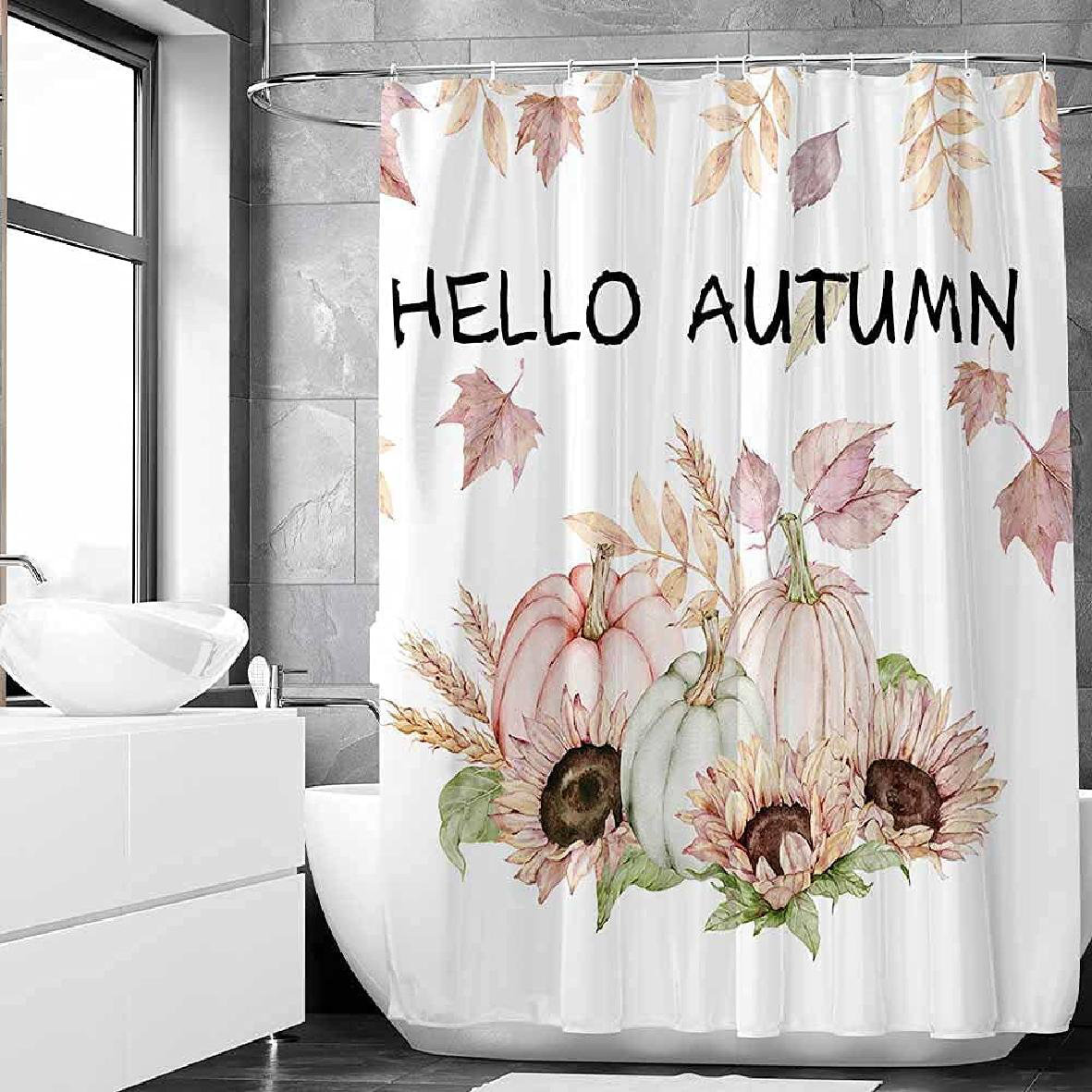 Shower Curtain Decor Set Autumn Falling Maple Leaves Design Bath Curtains Hooks 