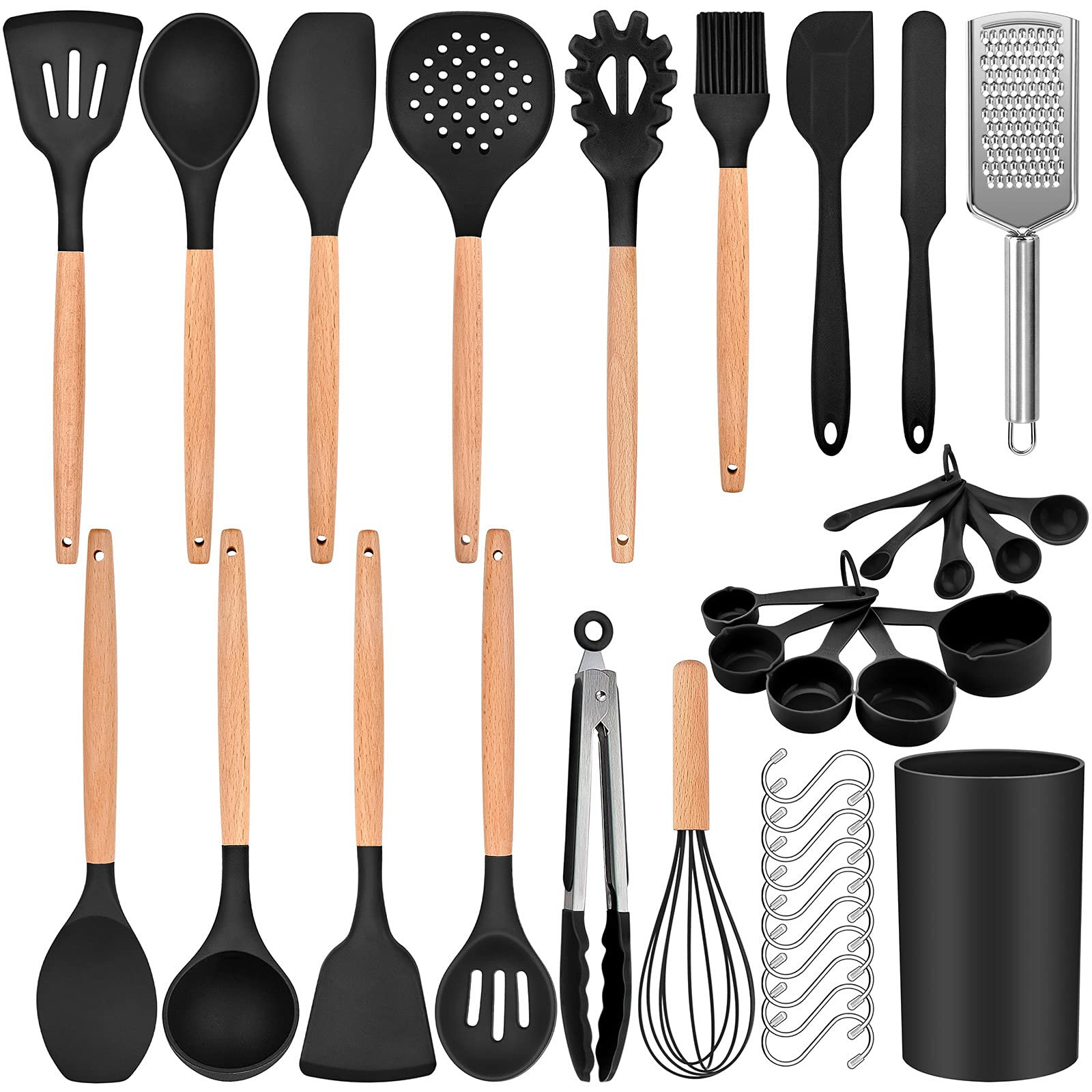 Belfry Kitchen 36Pcs Silicone Kitchen Utensil Set, Wooden Handle Cooking  Utensils Spatula Set With Holder, Heat Resistant Kitchen Tools Safe For  Non-Stick Cookware, Non-Toxic & Easy Clean, Black 