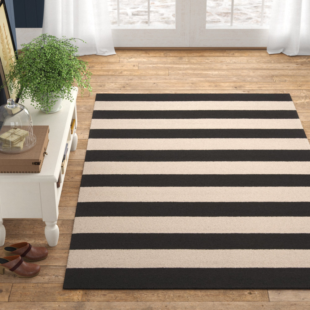 Lisette Striped Hand Hooked Black Beige Indoor Outdoor Area Rug Reviews Birch Lane