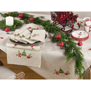 Embroidered Christmas Tree Design Holiday Linen Blend Tablecloth